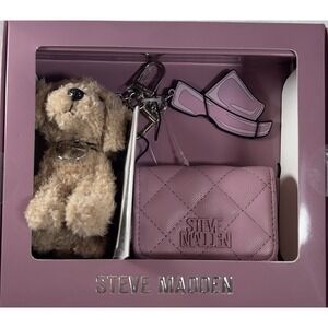 Steve Madden Bwren Card Case And Bag Charms‎ Dog Gift Set Cosmetic Pink Quilted